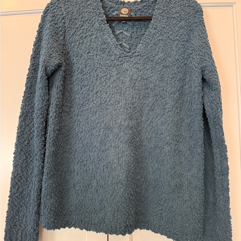 Bobeau popcorn knit Teal blue V-Neck Sweater backbone corset coquette fairy